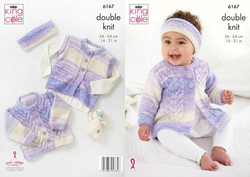 King Cole Baby DK Knitting Pattern - 6167 Cardigan, Coat, Headband, Gilet(4 Designs)