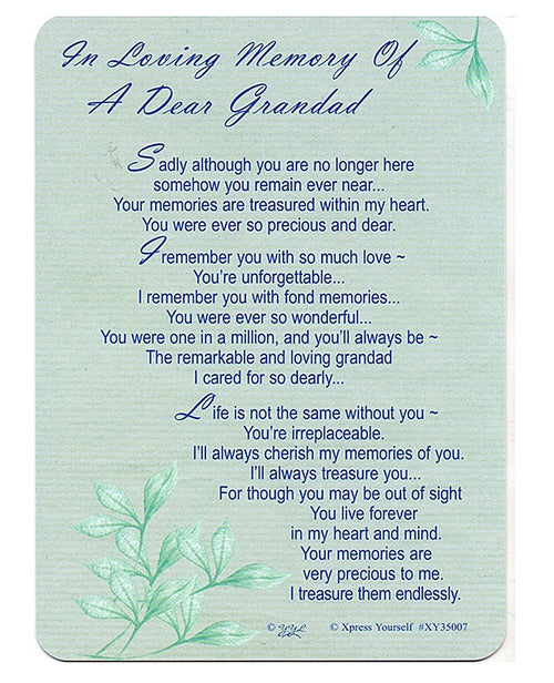 In Loving Memory - Of A Dear Grandad - Grave/Graveside Memorial Card