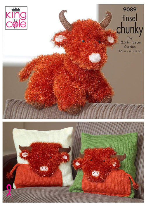 King Cole 9089 Knitting Pattern Highland Cow Toy & Cushion Covers in King Cole Tinsel Chunky