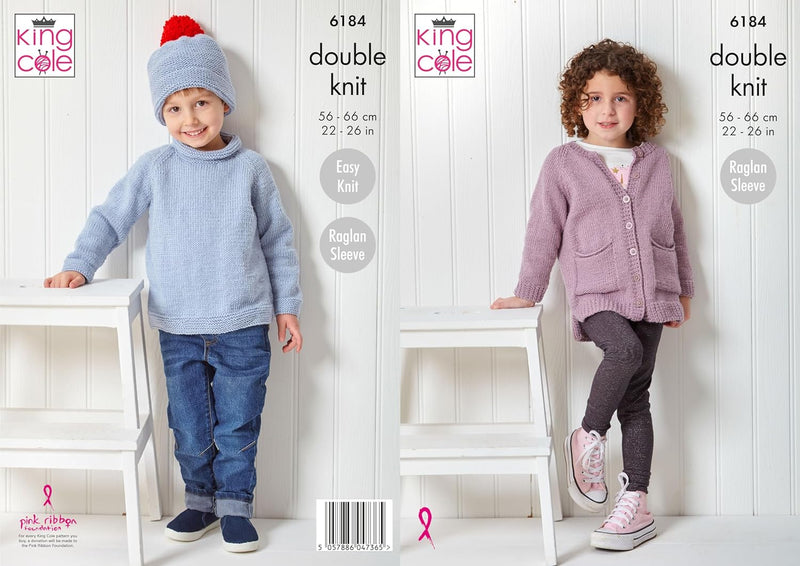 King Cole Children's Easy Knitting Pattern, Raglan Sleeve, Double Knit Sweater, Cardigan and Hat (6184), 22” – 26” (56cm – 66cm)