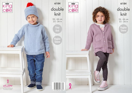 King Cole Children's Easy Knitting Pattern, Raglan Sleeve, Double Knit Sweater, Cardigan and Hat (6184), 22” – 26” (56cm – 66cm)
