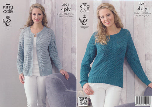 King Cole 4 Ply Pattern - 3921 Womens Cable Knit Cardigan and Jumper by King Cole
