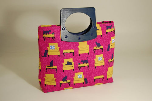 Knitting/Craft Bag with double handles - shopping style bag. Pink background fabric showing cats on chairs