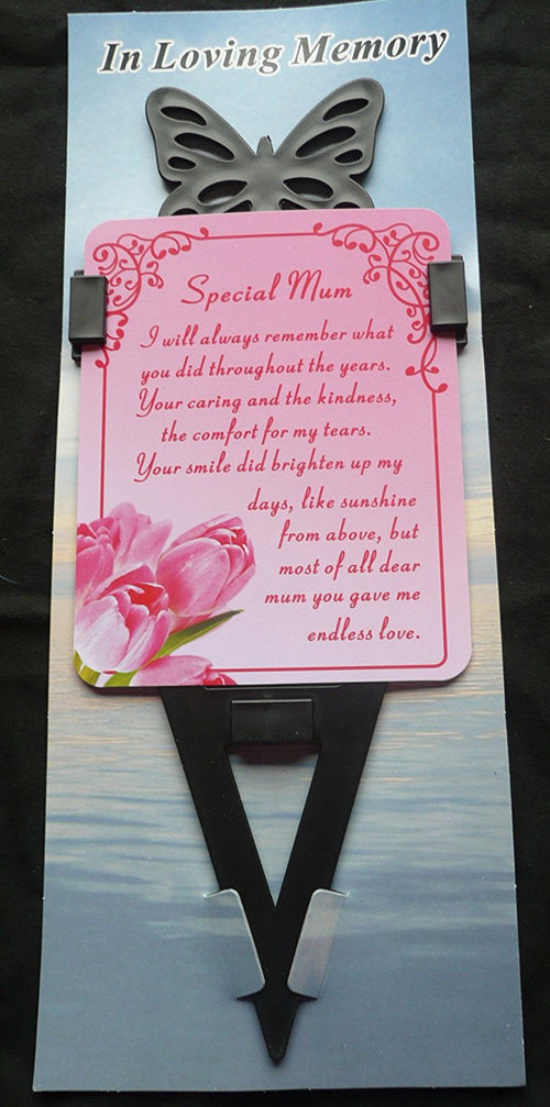 Mum Memorial laminated waterproof card with butterfly spike holder stake
