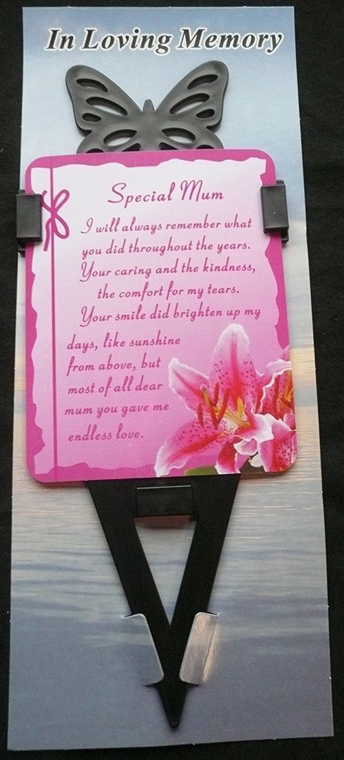 Mum Memorial laminated waterproof card with butterfly spike holder stake