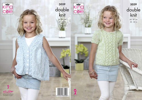 King Cole 5039 Knitting Pattern Girls Top and Waistcoat in King Cole Calypso DK