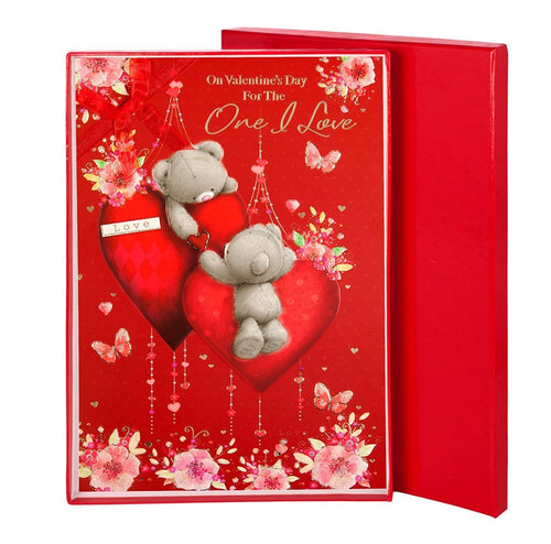 one i love Valentine's Day Card & Red Box - Grey Bears, Hearts & Flowers 10" x 7"
