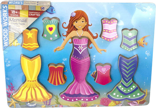 HTI Toys Wood Works 9 Piece Dress Up Mermaid Chunky Wooden Puzzle Set