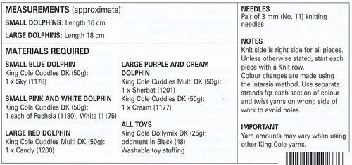King Cole 9045 Knitting Pattern Toy Dolphins to knit in Cuddles DK