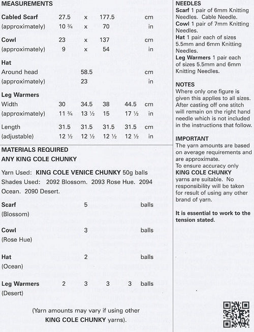 King Cole 4308 Knitting Pattern Leaflet Scarf, Cowl, Hat and Leg Warmers to knit in Venice Chunky