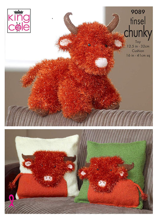 King Cole 9089 Knitting Pattern Highland Cow Toy & Cushion Covers in King Cole Tinsel Chunky