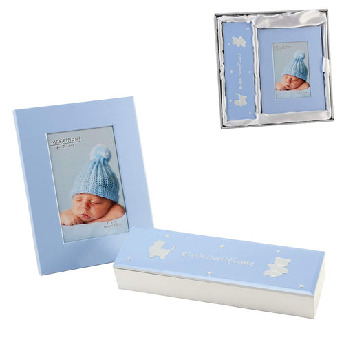 Baby Boy Birth Certificate Box & Photo Picture Frame Blue Christening Gift Set