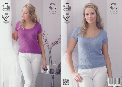 King Cole 4 Ply Pattern - 3919 Womens Short Sleeved Summer Cardigan and Top by King Cole - King Cole Patterns