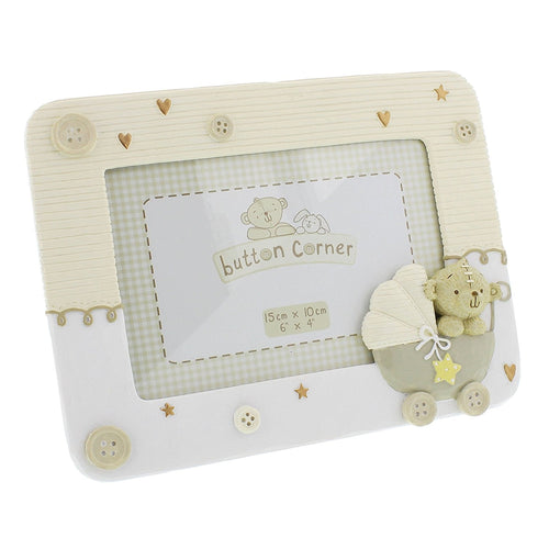 Button Corner Resin 4" x 6" Photo Frame with teddy in a pram design