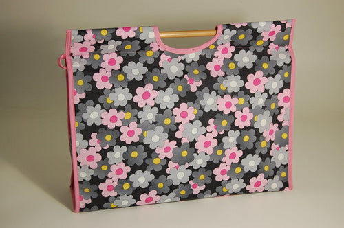 Knitting Bag with double wooden handles - delightful, modern, fabric showing pink & grey flowers on a dark background