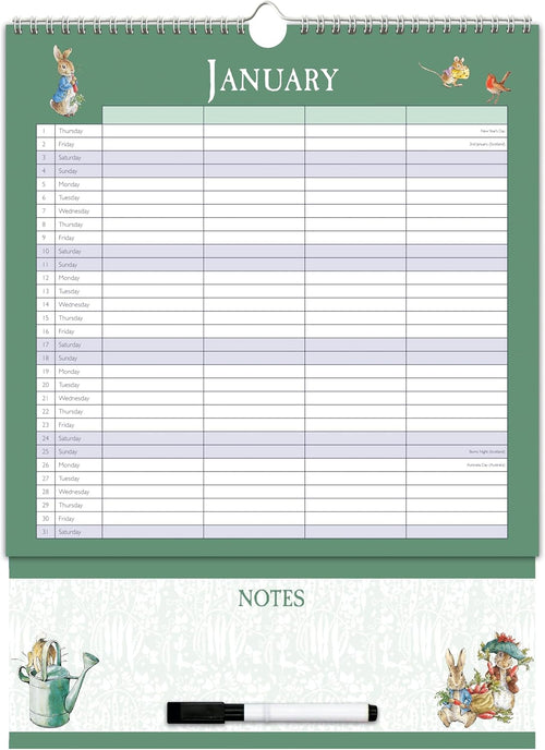 Peter Rabbit 2026 Family Organiser Wall Calendar | Large 4-Column Monthly Planner with Wipe-Clean Notes Section, Pen & Hanging Loop | Beatrix Potter Design