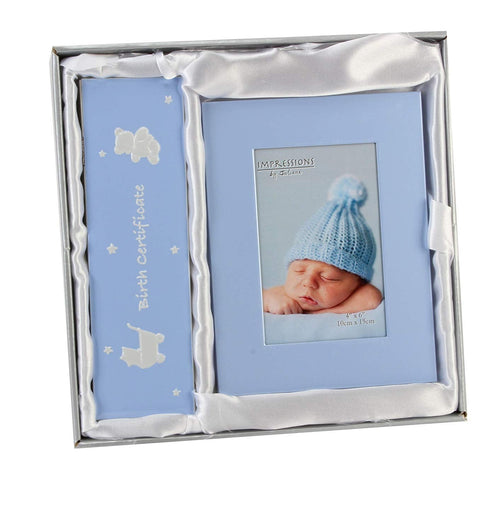 Baby Boy Birth Certificate Box & Photo Picture Frame Blue Christening Gift Set