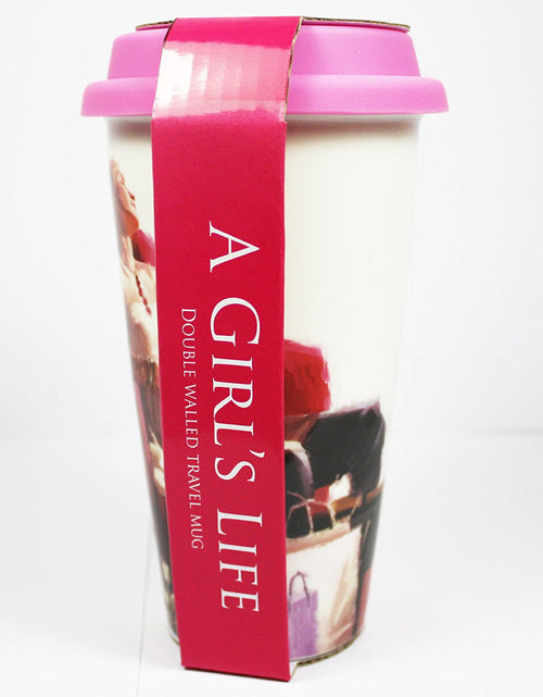 [LP32741] 'A Girl's Life' Double Walled Insulation With Silicon Travel Mug, Shopping, Bags etc Design, Make a Great Gift for Mum, Sister, Aunty, Niece, Gran, Keeps Drinks Hot, Ideal For Use On The Move, 6.5 inches/17cm in