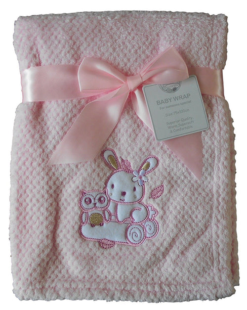 Baby Girls Cute Pink Bunny Rabbit & Owl Blanket Wrap 100cm x 75cm approx
