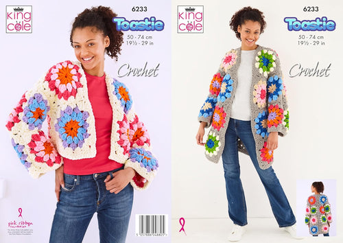 King Cole Toastie Crochet Pattern - 6233 Ladies Granny Square Long and Short Coatigans