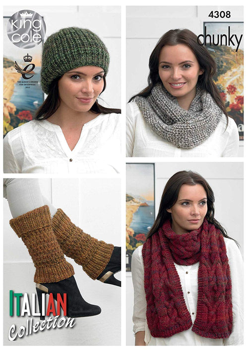 King Cole 4308 Knitting Pattern Leaflet Scarf, Cowl, Hat and Leg Warmers to knit in Venice Chunky