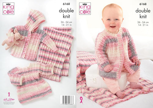 King Cole Baby DK Knitting Pattern - 6168 Hooded Jacket, Cardigan, Blanket & Top