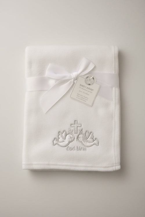 Baby White Silver God Bless Doves and Cross Wrap Blanket 100cm x 75cm approx