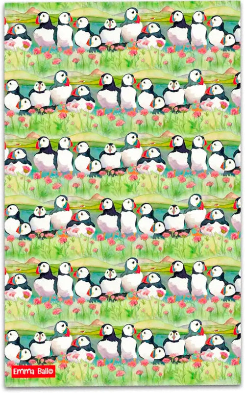 Cotton Tea Towel Printed in The UK Puffins and Sea Thrift by Emma Ball