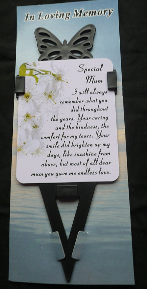 Mum Memorial laminated waterproof card with butterfly spike holder stake