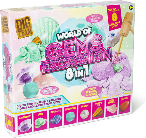 Dig Team Kit d'excavation 8 en 1 World of Gems pour enfant avec 5 activités scientifiques et cadeau
