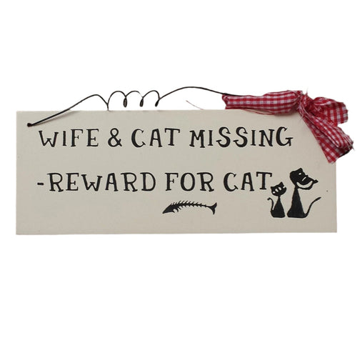 small Wooden Wall Plaque / Sign with Red Gingham Bow and Wire (WIFE & CAT MISSING - REWARD FOR CAT)