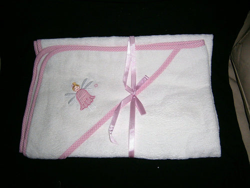 baby girl white pink gingham edged embroided fairy mottif hooded towel size30"x30"