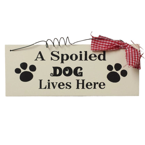 small Wooden Wall Plaque / Sign with Red Gingham Bow and Wire (A Spoiled DOG Lives Here)