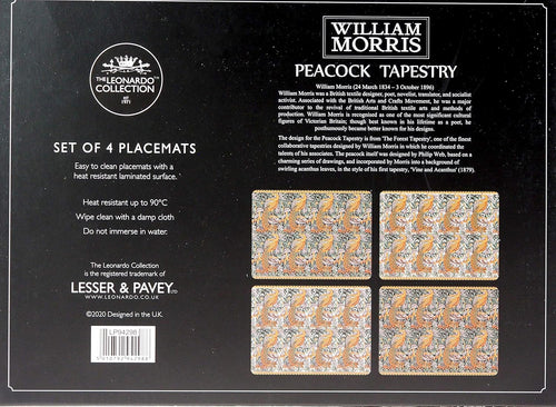 LEONARDO Set of 4 William Morris Peacock Tapestry Cork Backed Place Mats Table Mats