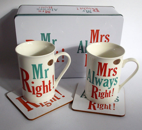 mr & mrs right mug & coaster one set in a tin