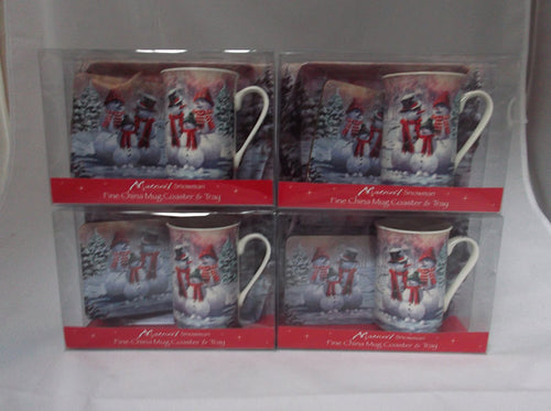 Christmas Snowman fine bone china set includes - mug coaster & tray