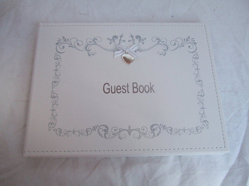 White and Silver Wedding Guest Book with Love Heart Motif - 40 Double Sided Pages