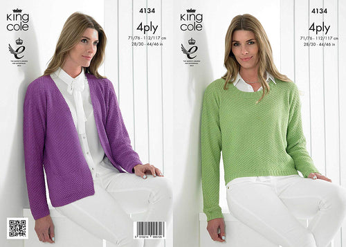 King Cole 4134 Knitting Pattern Ladies Edge To Edge Jacket and Sweater in King Cole Bamboo 4 Ply
