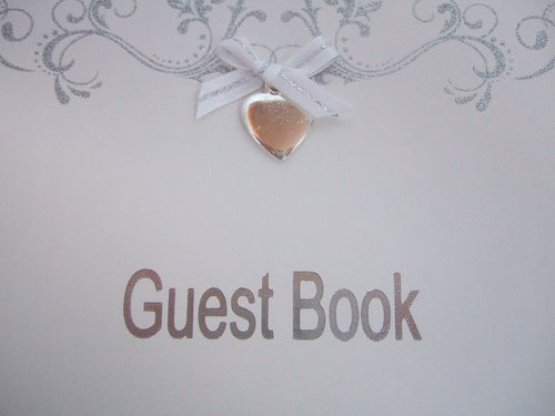 White and Silver Wedding Guest Book with Love Heart Motif - 40 Double Sided Pages
