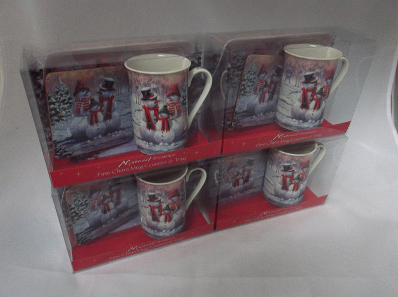Christmas Snowman fine bone china set includes - mug coaster & tray