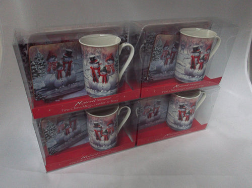 Christmas Snowman fine bone china set includes - mug coaster & tray