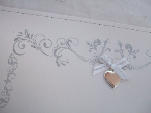 White and Silver Wedding Guest Book with Love Heart Motif - 40 Double Sided Pages
