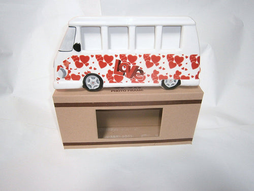 vw picture frame love bus red hearts on white background
