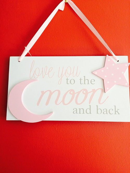 Pink I love you to the moon and back wooden hanging plaque