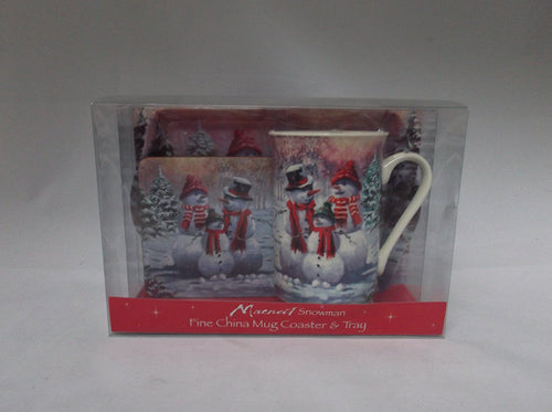 Christmas Snowman fine bone china set includes - mug coaster & tray