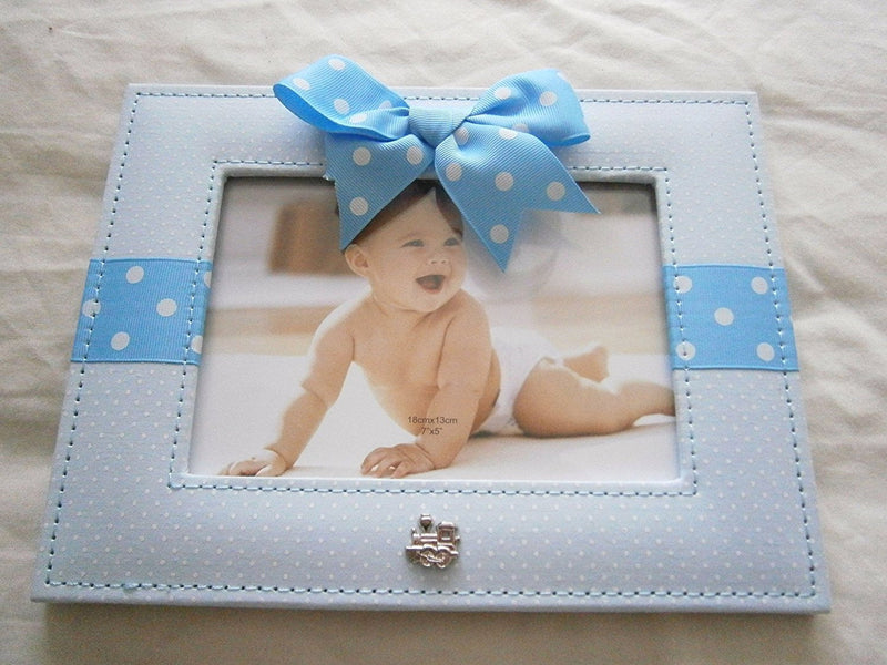 Blue and White Polka Dot and Ribbon Baby Boy 5"x7" Photo Frame