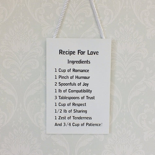 Recipe For Love Ingredients Plaque With Rope Hanger