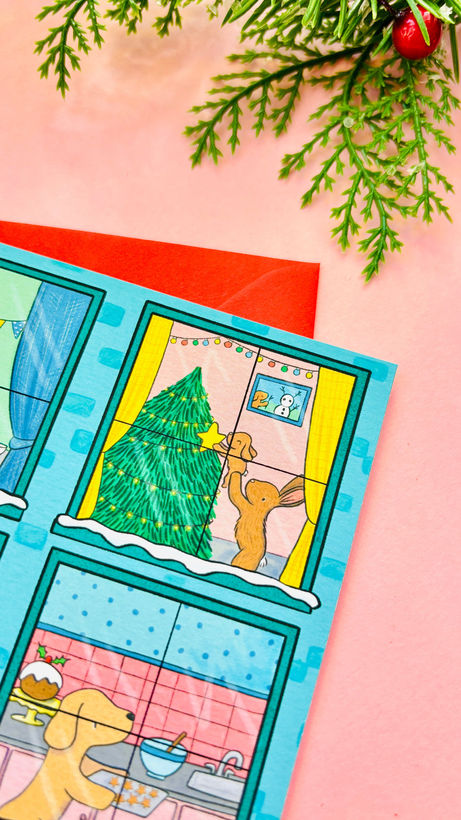 Illustrated animals Christmas scene A6 greetings card