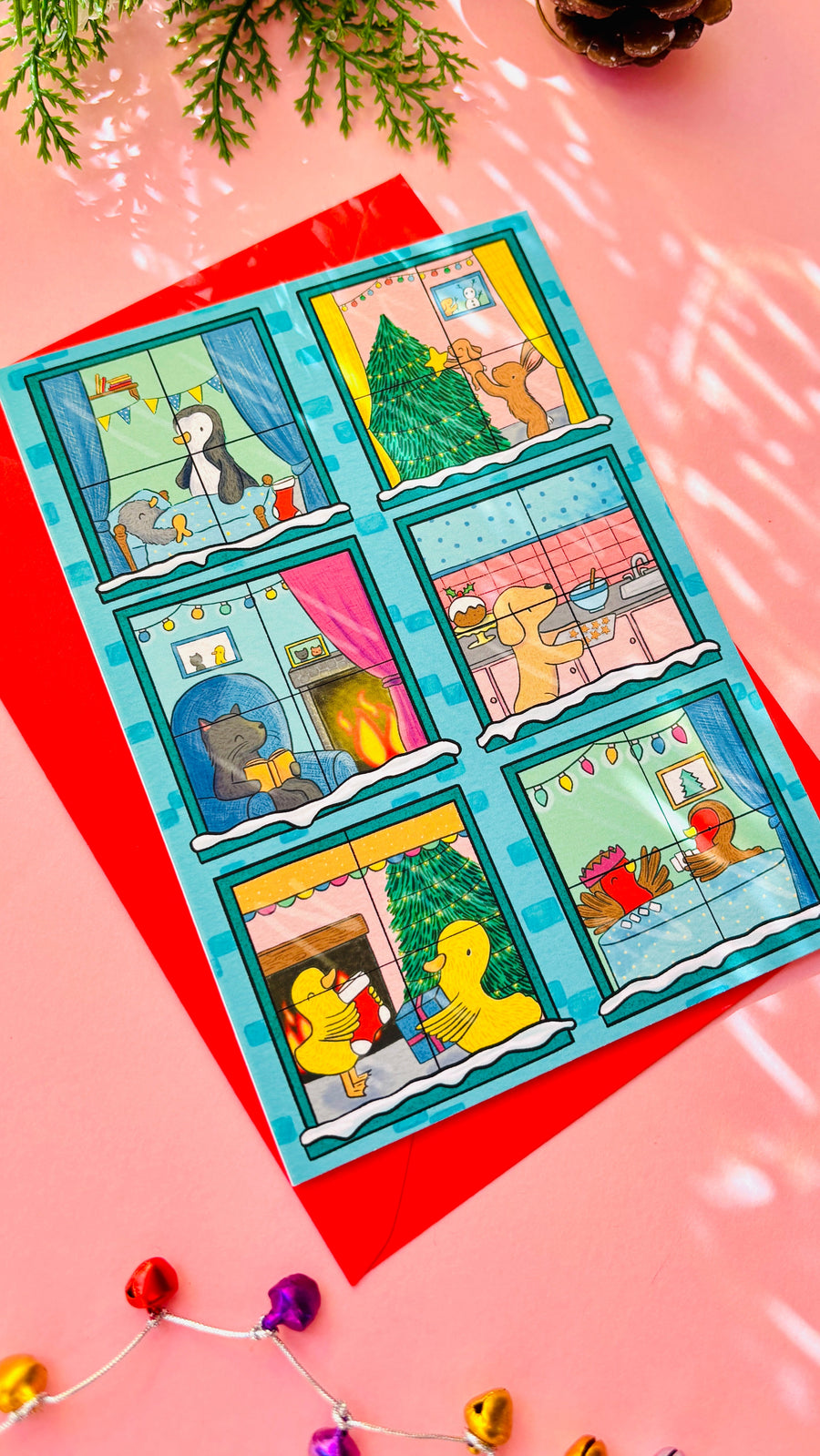 Illustrated animals Christmas scene A6 greetings card