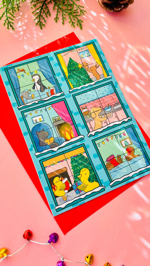 Illustrated animals Christmas scene A6 greetings card